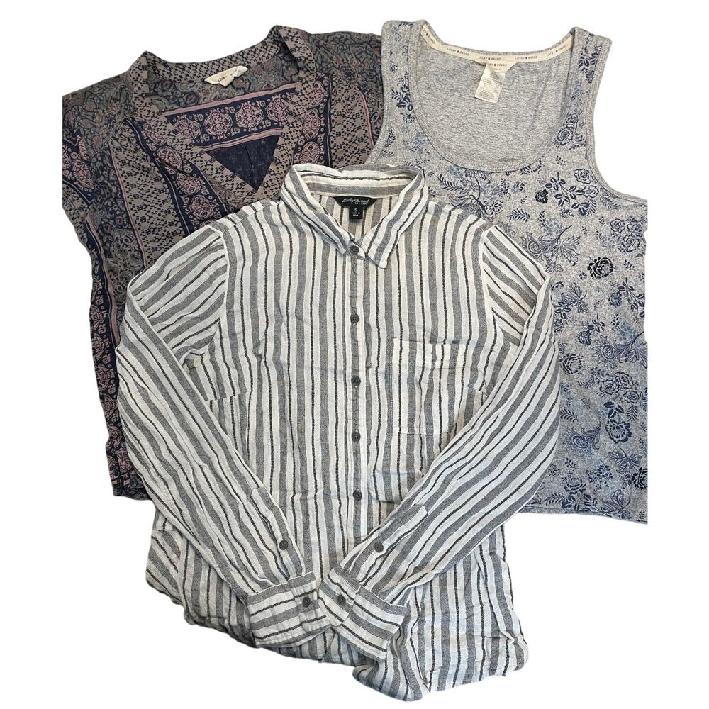 ✨ 3-PC BUNDLE Lucky Brand Small Tops Boho Linen Cotton Floral Striped EUC 🌿 - Picture 2 of 8